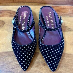 KATE SPADE Meg Black Velvet Rhinestone Button Polka Dot Pointed Mule Shoes